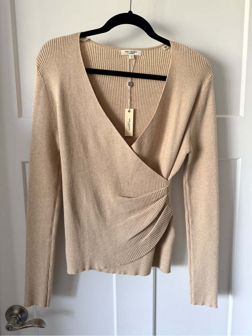 Max Studio Ribbed Faux Wrap Sweater Top in Beige - Size Large NWT